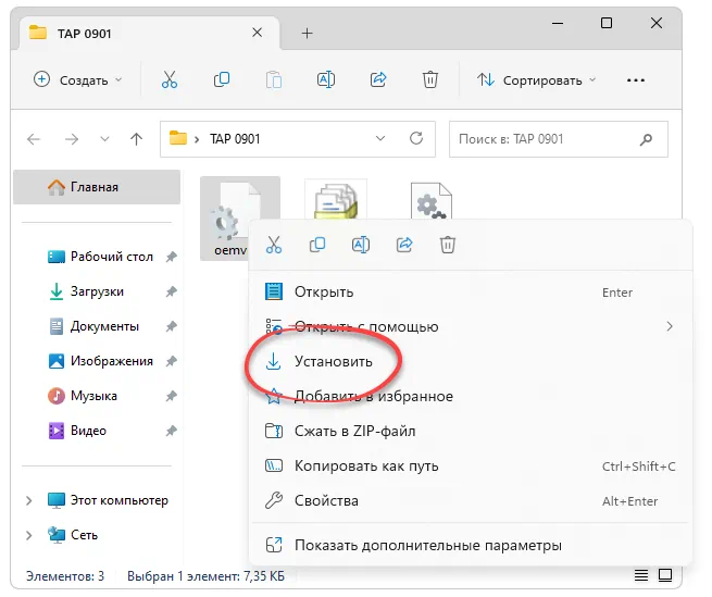 Инсталляция Tap0901