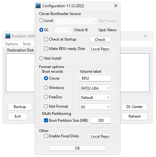 Настройки Bootdisk Utility
