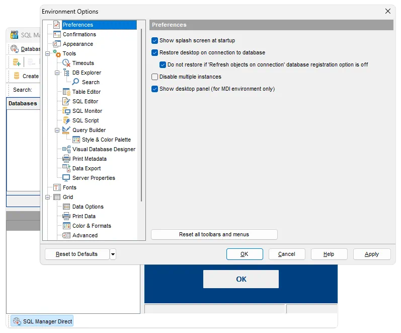 Настройки EMS SQL Manager for MySQL
