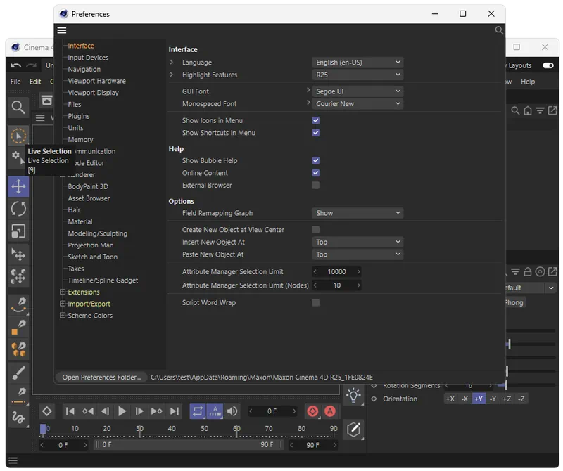 Настройки Maxon CINEMA 4D R25