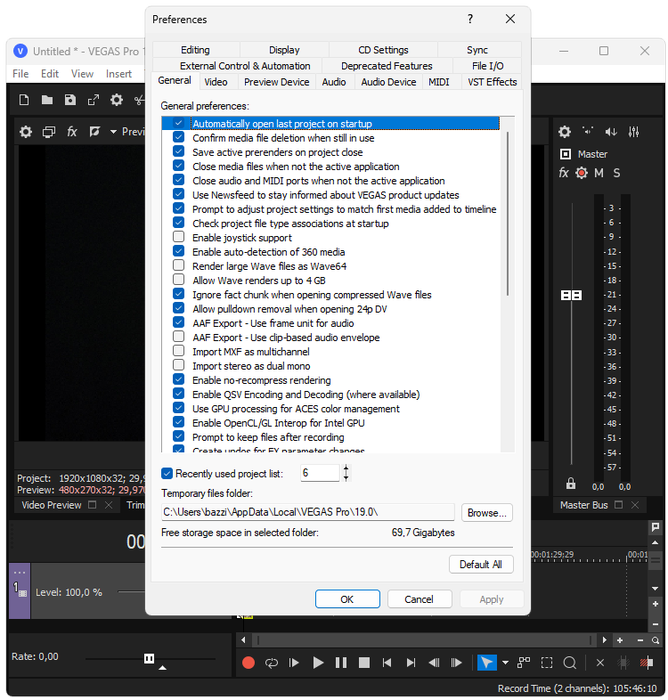 Настройки Sony Vegas Pro 19