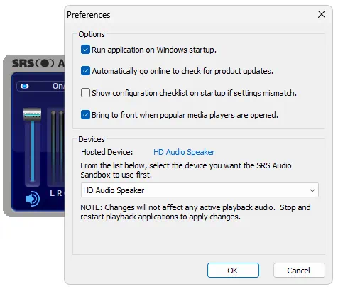 Настройки SRS Audio Sandbox