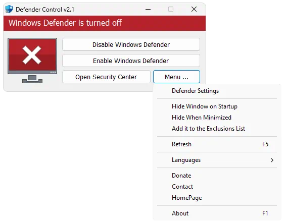 Работа с Defender Control