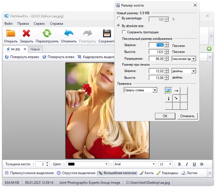 Размер холста в FileViewPro