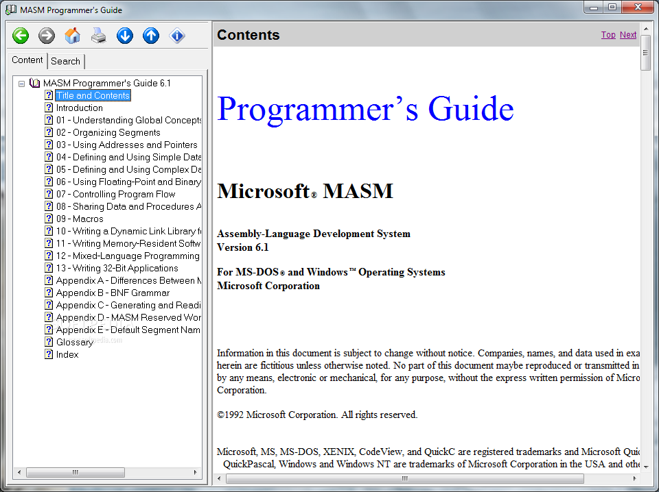 Справка в Microsoft Macro Assembler