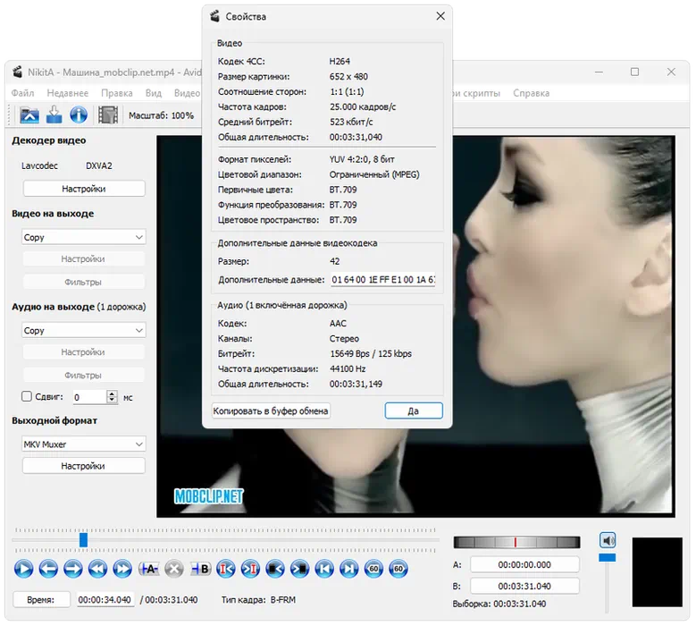 Свойства видео в Avidemux