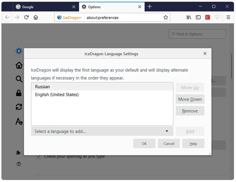 Установка русского языка в Comodo IceDragon